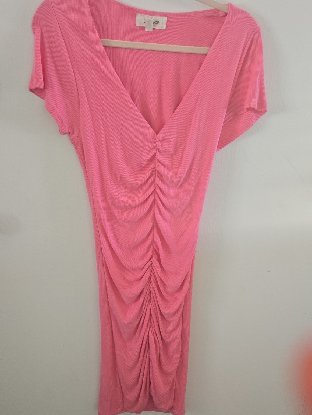 LSPACE Hot Pink Ruched Bodycon Midi Dress